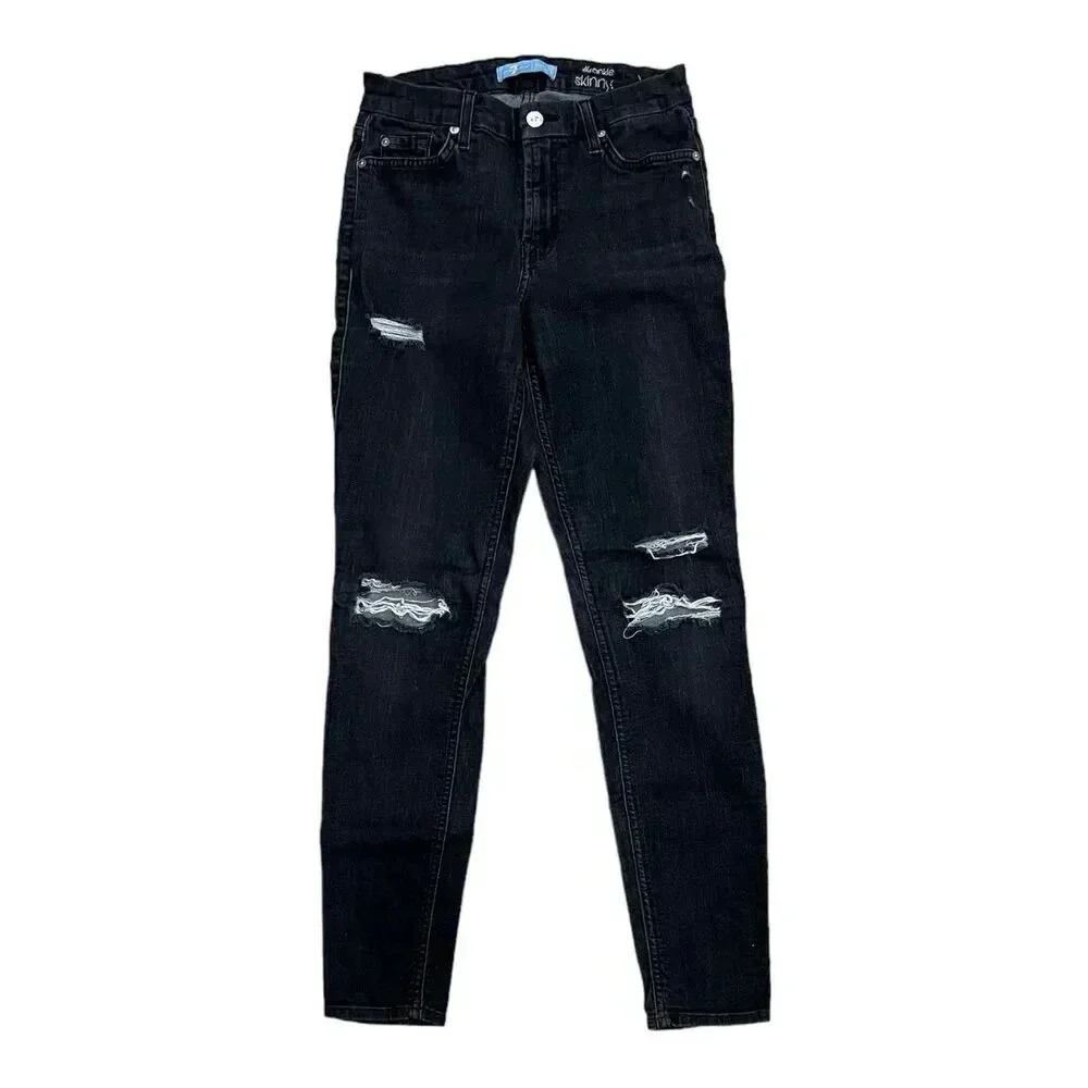 7 for all Mankind Black Distressed B(air) Ankle Skinny Jeans 26